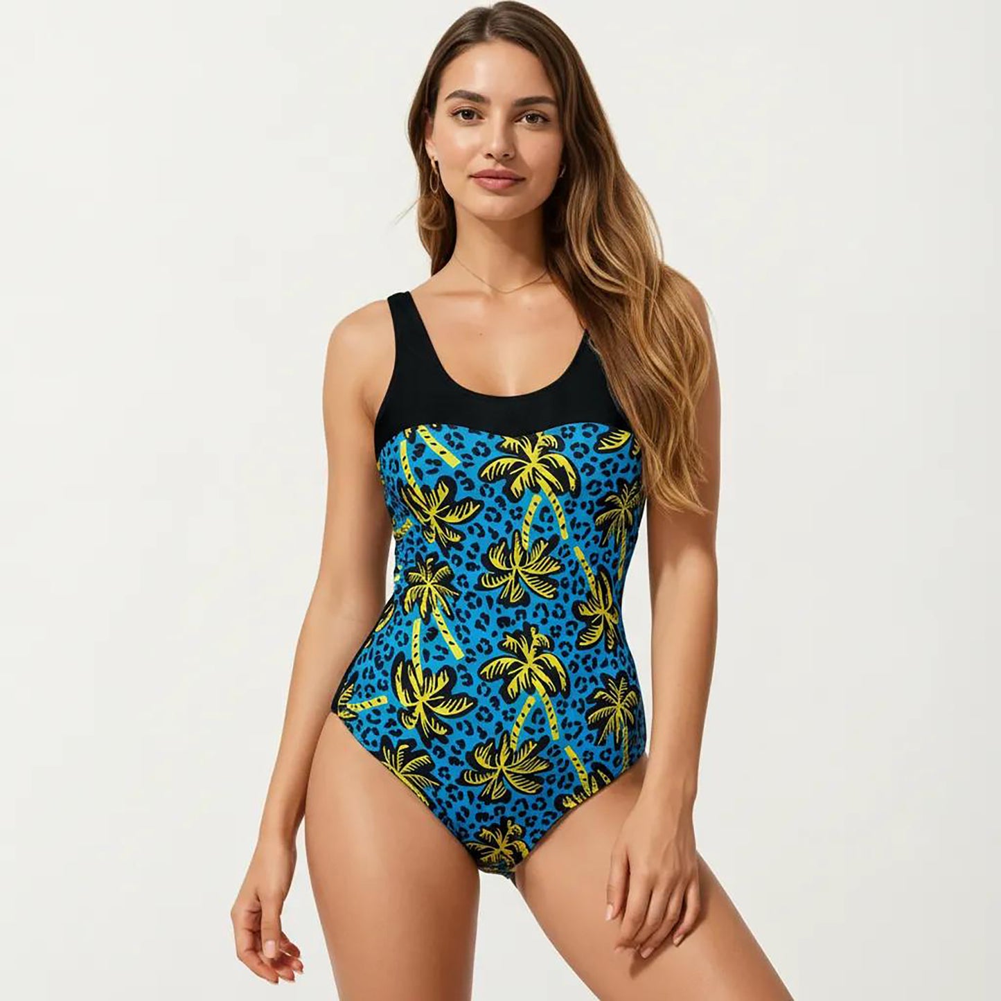 Palm Tree Print One Piece Swimsuit with Scoop Neck and Contrast Upper Panel