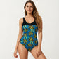 Palm Tree Print One Piece Swimsuit with Scoop Neck and Contrast Upper Panel