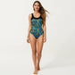 Palm Tree Print One Piece Swimsuit with Scoop Neck and Contrast Upper Panel