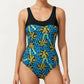 Palm Tree Print One Piece Swimsuit with Scoop Neck and Contrast Upper Panel