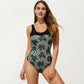 Palm Tree Print One Piece Swimsuit with Scoop Neck and Contrast Upper Panel