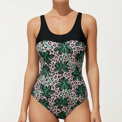 Palm Tree Print One Piece Swimsuit with Scoop Neck and Contrast Upper Panel