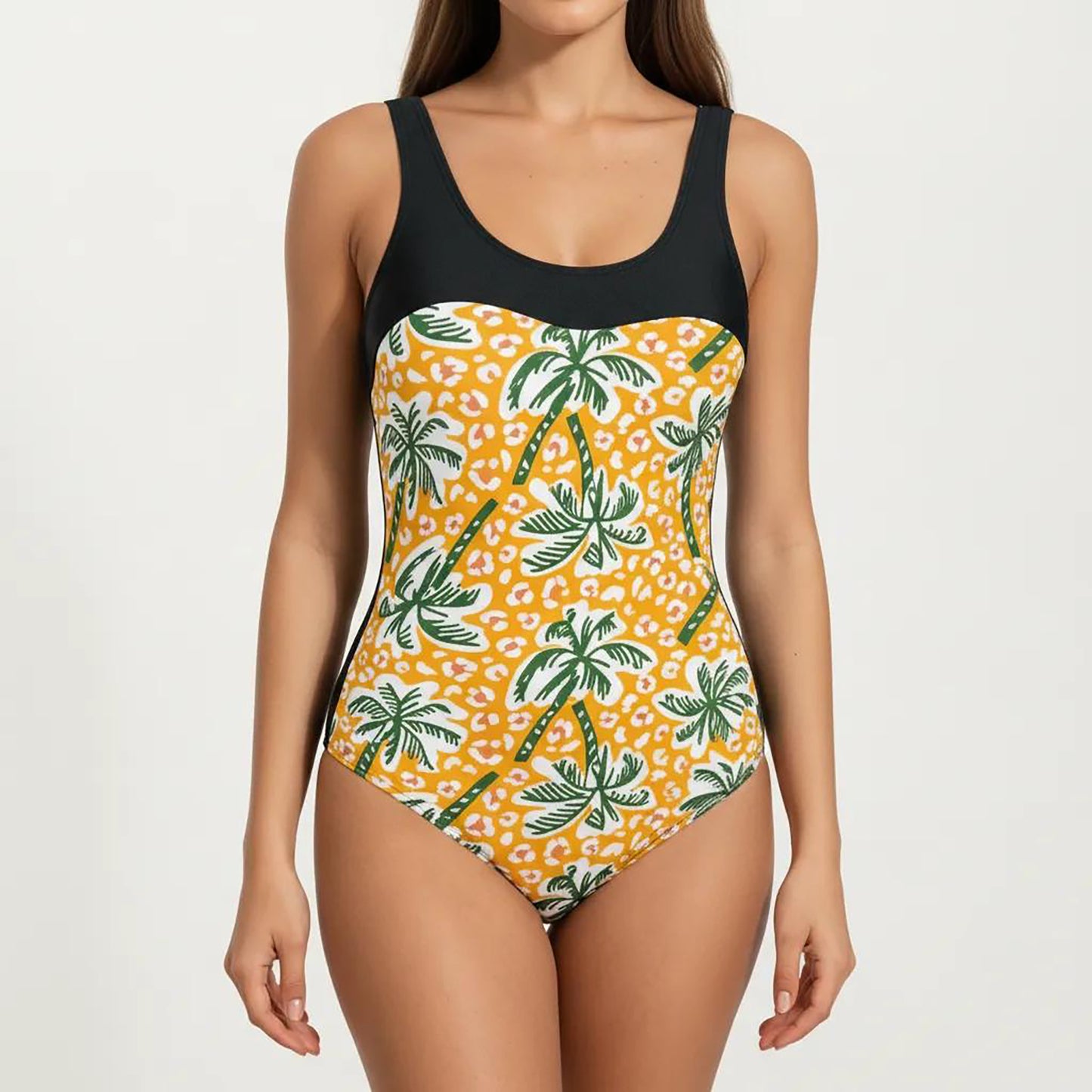 Palm Tree Print One Piece Swimsuit with Scoop Neck and Contrast Upper Panel