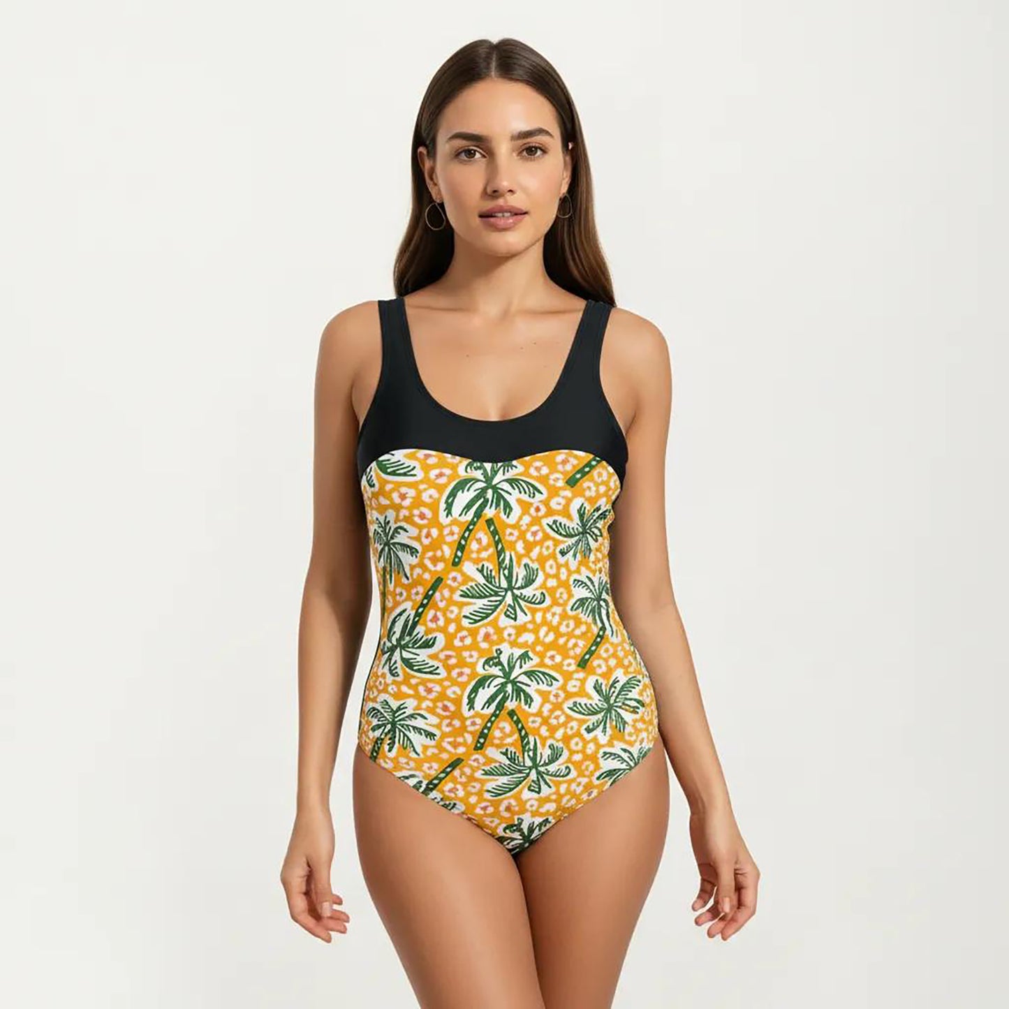 Palm Tree Print One Piece Swimsuit with Scoop Neck and Contrast Upper Panel