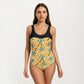 Palm Tree Print One Piece Swimsuit with Scoop Neck and Contrast Upper Panel