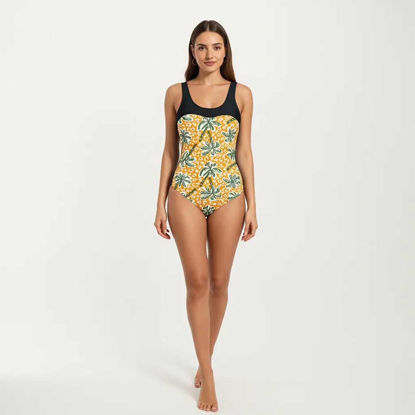 Palm Tree Print One Piece Swimsuit with Scoop Neck and Contrast Upper Panel