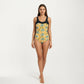 Palm Tree Print One Piece Swimsuit with Scoop Neck and Contrast Upper Panel