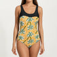 Palm Tree Print One Piece Swimsuit with Scoop Neck and Contrast Upper Panel