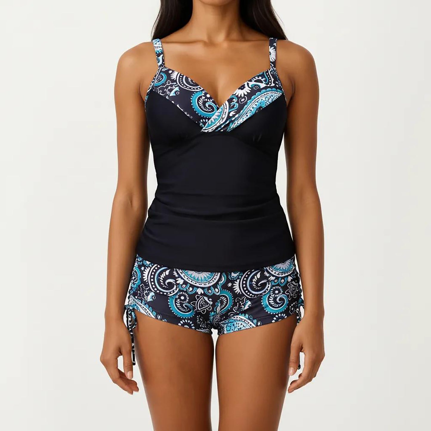 2-Piece Tankini Swimsuit Set with Paisley Print Boyshort Bottoms and V-Neck Top