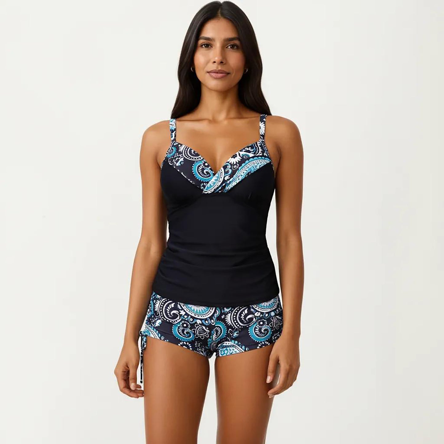 2-Piece Tankini Swimsuit Set with Paisley Print Boyshort Bottoms and V-Neck Top