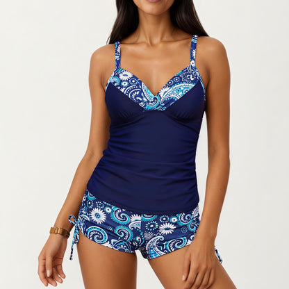 2-Piece Tankini Swimsuit Set with Paisley Print Boyshort Bottoms and V-Neck Top