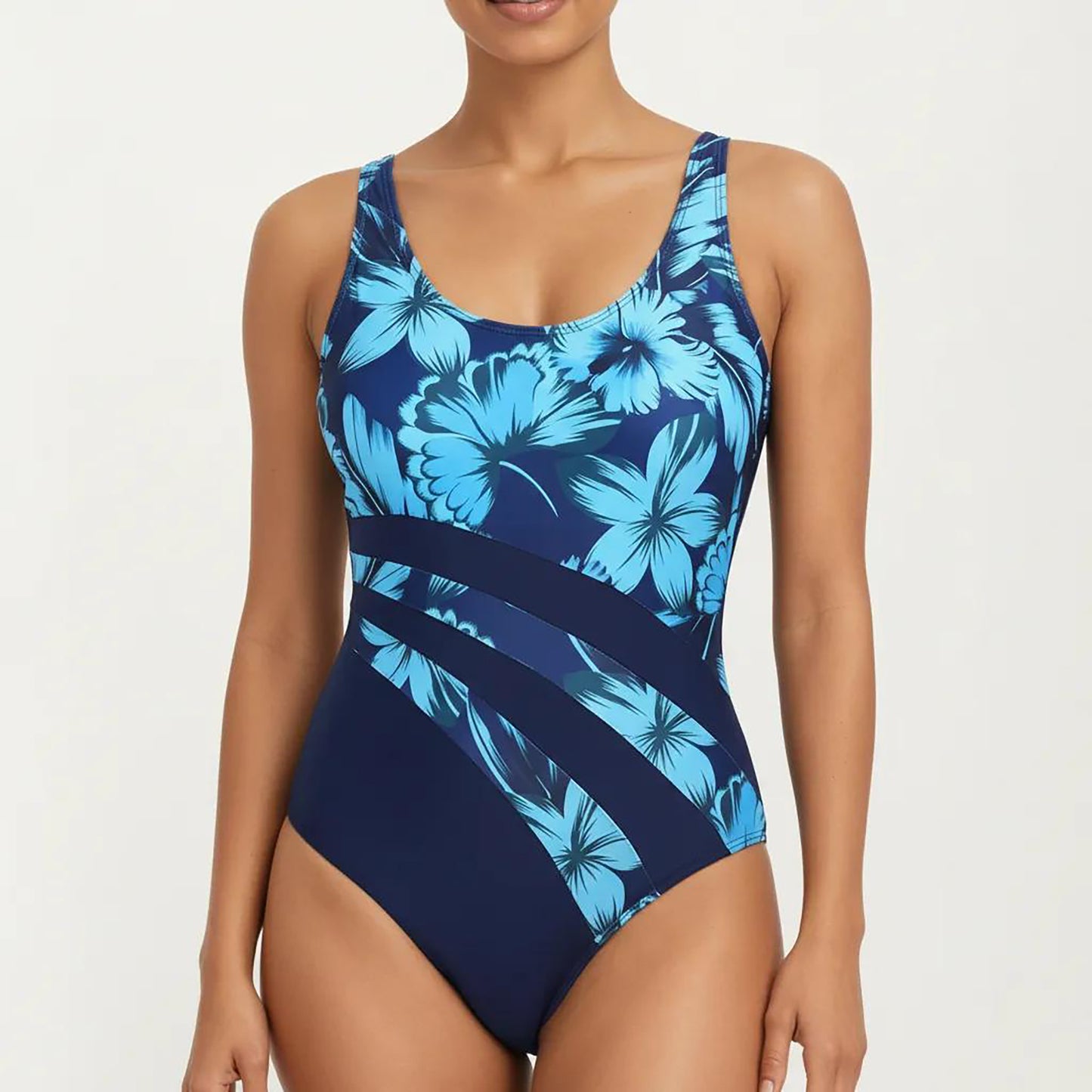 Floral Print One Piece Swimsuit with Asymmetrical Colorblock Panel Design