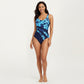 Floral Print One Piece Swimsuit with Asymmetrical Colorblock Panel Design