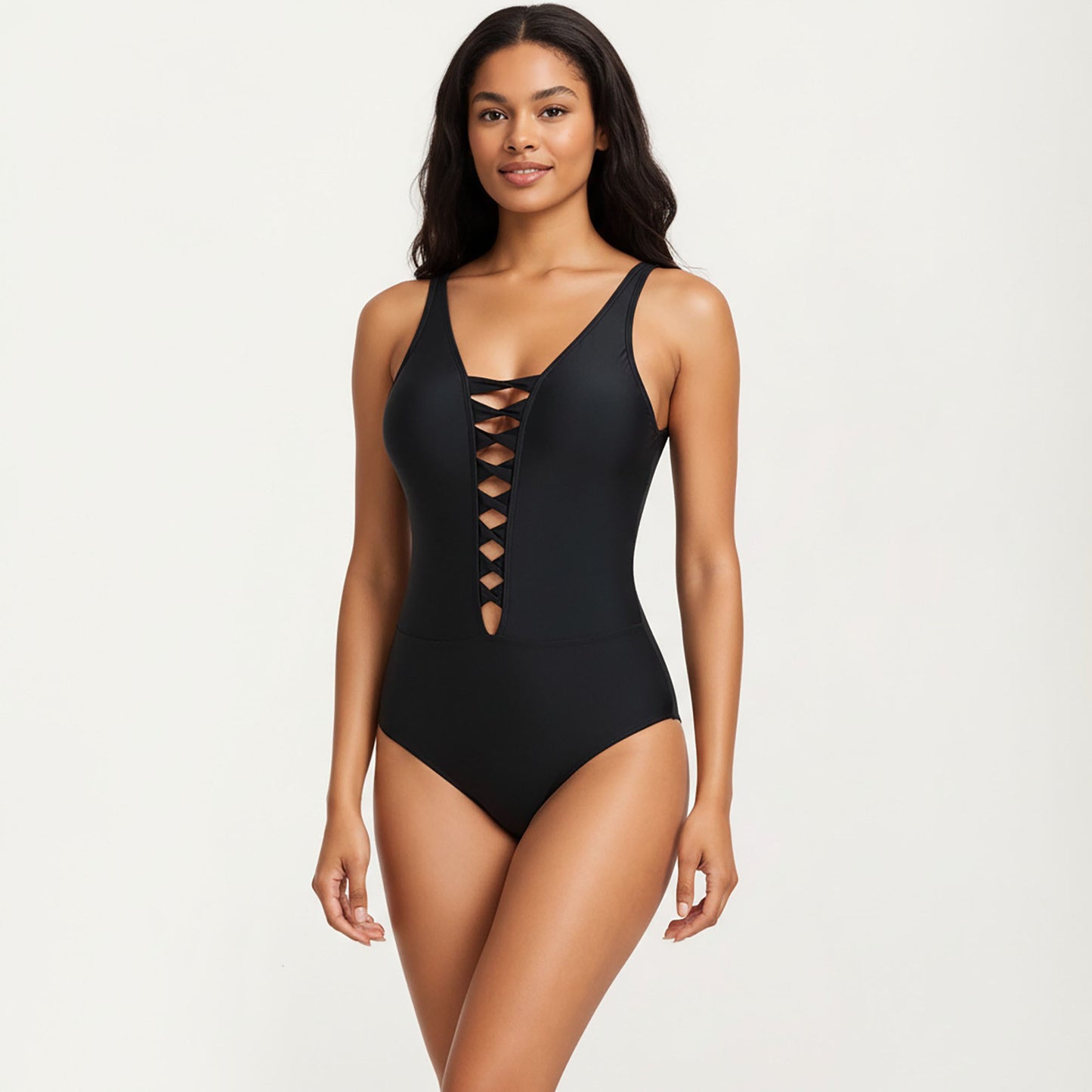 Lace-Up Front One Piece Swimsuit with Deep V Neck and Wide Straps