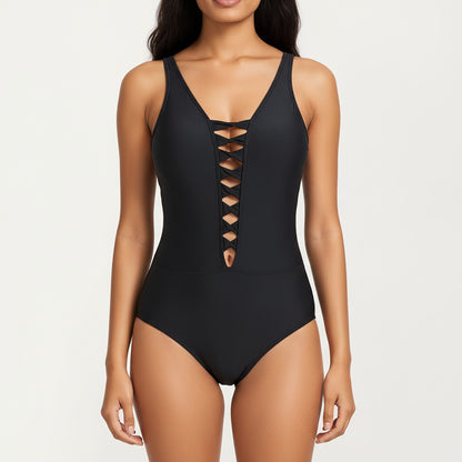 Lace-Up Front One Piece Swimsuit with Deep V Neck and Wide Straps