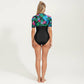 Short Sleeve Zip Front One Piece Swimsuit with Floral Print Yoke Panel