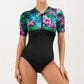 Short Sleeve Zip Front One Piece Swimsuit with Floral Print Yoke Panel