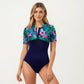 Short Sleeve Zip Front One Piece Swimsuit with Floral Print Yoke Panel