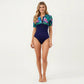 Short Sleeve Zip Front One Piece Swimsuit with Floral Print Yoke Panel