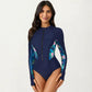 Long Sleeve Zip Front One Piece Swimsuit with Contrast Floral Side Panels