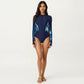 Long Sleeve Zip Front One Piece Swimsuit with Contrast Floral Side Panels
