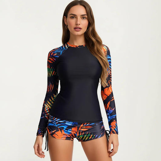 2-Piece Long Sleeve Rash Guard Swim Set with Printed Sleeves and Drawstring Shorts