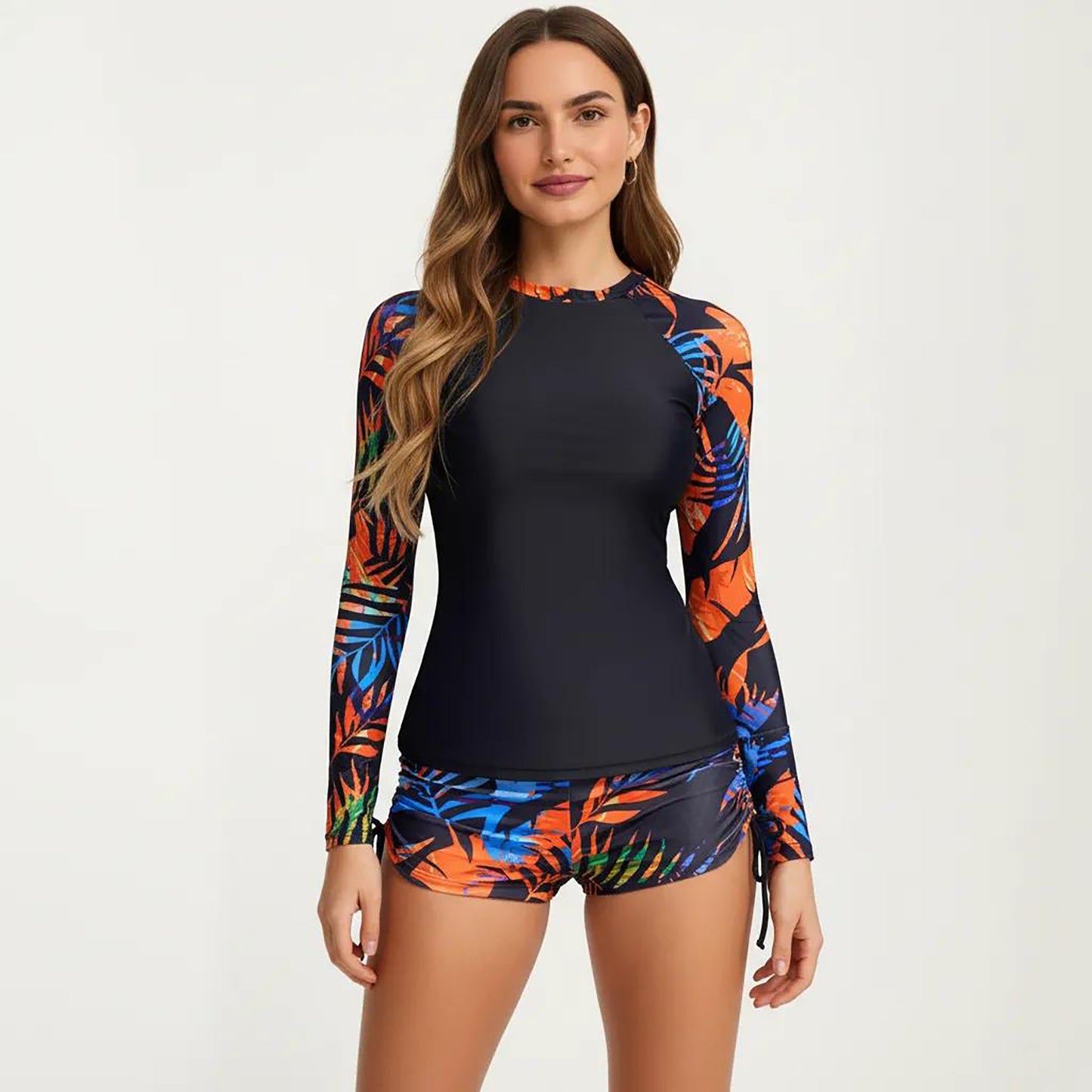 2-Piece Long Sleeve Rash Guard Swim Set with Printed Sleeves and Drawstring Shorts
