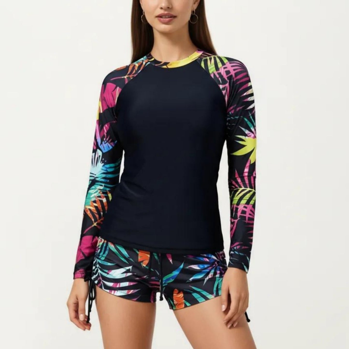 2-Piece Long Sleeve Rash Guard Swim Set with Printed Sleeves and Drawstring Shorts