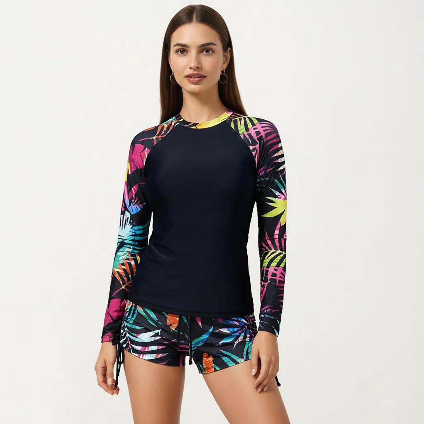 2-Piece Long Sleeve Rash Guard Swim Set with Printed Sleeves and Drawstring Shorts