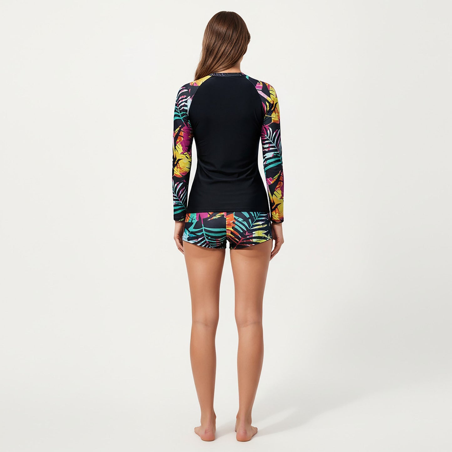 2-Piece Long Sleeve Rash Guard Swim Set with Printed Sleeves and Drawstring Shorts