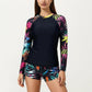 2-Piece Long Sleeve Rash Guard Swim Set with Printed Sleeves and Drawstring Shorts