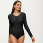 Long Sleeve Zip Front One Piece Swimsuit with Ruched Side Panels