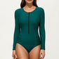 Long Sleeve Zip Front One Piece Swimsuit with Ruched Side Panels
