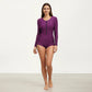 Long Sleeve Zip Front One Piece Swimsuit with Ruched Side Panels