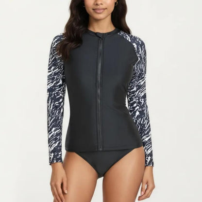 2-Piece Long Sleeve Zip Front Rash Guard Swimsuit with Printed Sleeves