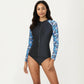 2-Piece Long Sleeve Zip Front Rash Guard Swimsuit with Printed Sleeves