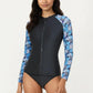 2-Piece Long Sleeve Zip Front Rash Guard Swimsuit with Printed Sleeves