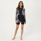 2-Piece Long Sleeve Zip Front Swim Dress with Floral Print and Separate Shorts