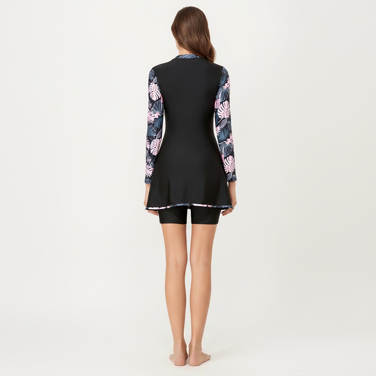 2-Piece Long Sleeve Zip Front Swim Dress with Floral Print and Separate Shorts