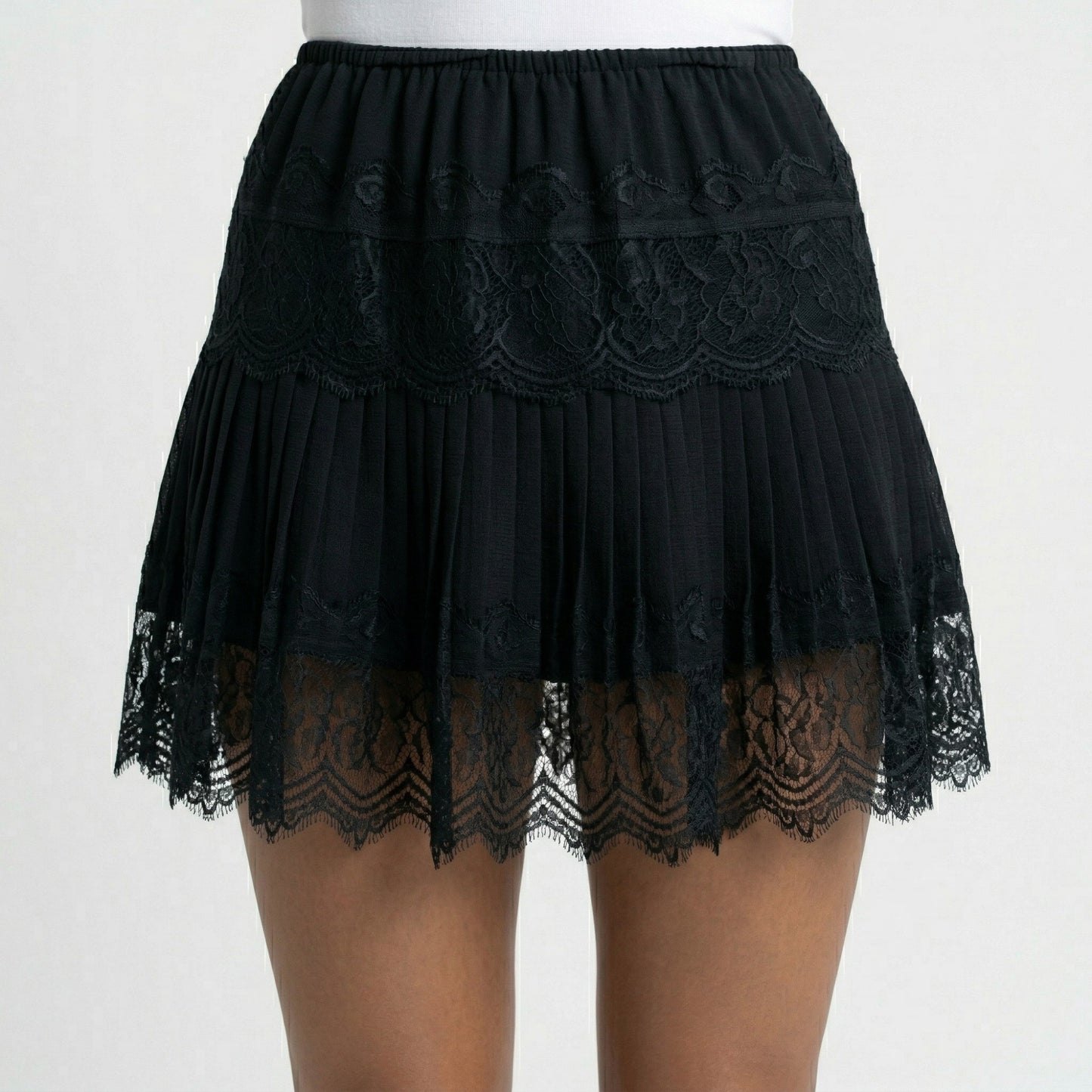 Mini Skirt with Elastic Waist Pleated Design and Lace Trim Lightweight Summer Casual Skirt