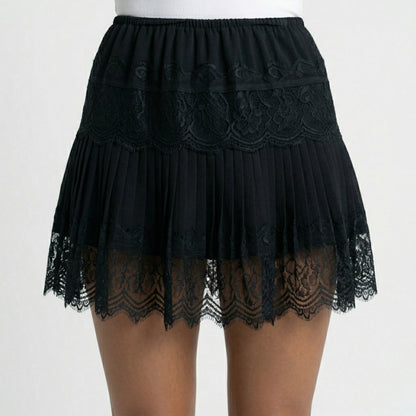 Mini Skirt with Elastic Waist Pleated Design and Lace Trim Lightweight Summer Casual Skirt