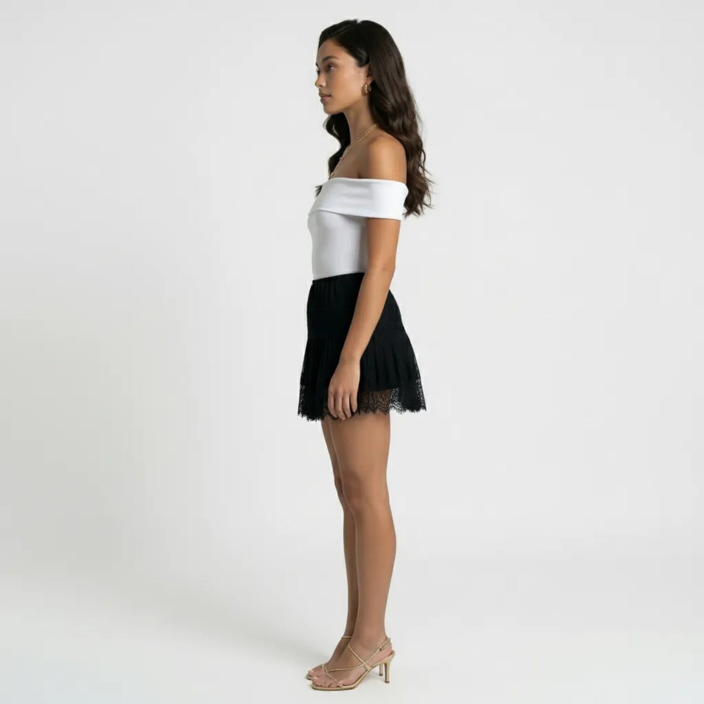 Mini Skirt with Elastic Waist Pleated Design and Lace Trim Lightweight Summer Casual Skirt