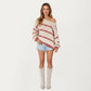 Off Shoulder Striped Knit Sweater Top with Ribbed Boat Neckline Long Sleeves Relaxed Fit