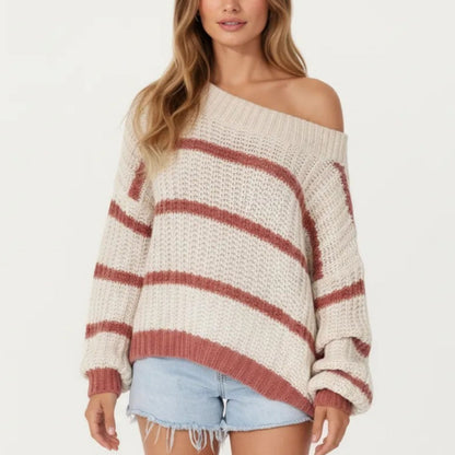 Off Shoulder Striped Knit Sweater Top with Ribbed Boat Neckline Long Sleeves Relaxed Fit