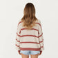 Off Shoulder Striped Knit Sweater Top with Ribbed Boat Neckline Long Sleeves Relaxed Fit