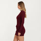 Long Sleeve Ruched Bodycon Mini Dress with High Neck Fitted Silhouette Stretch Knit Fabric