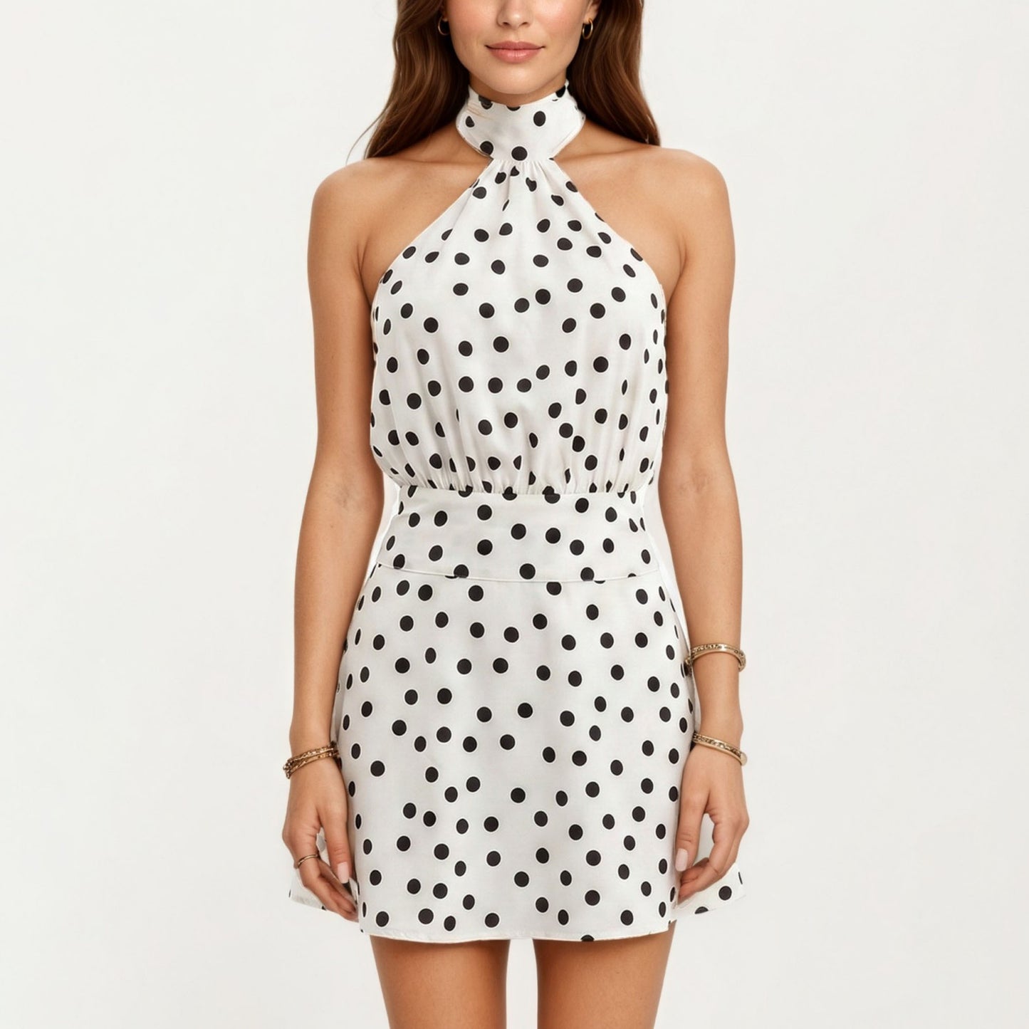 Polka Dot Halter Mini Dress with High Neck Tie Detail Elastic Waist Fitted Silhouette