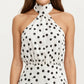 Polka Dot Halter Mini Dress with High Neck Tie Detail Elastic Waist Fitted Silhouette