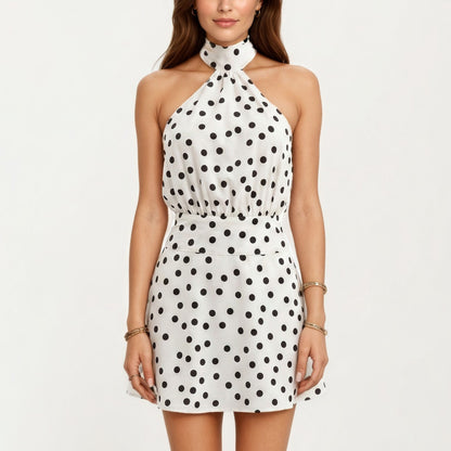 Polka Dot Halter Mini Dress with High Neck Tie Detail Elastic Waist Fitted Silhouette