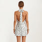 Polka Dot Halter Mini Dress with High Neck Tie Detail Elastic Waist Fitted Silhouette